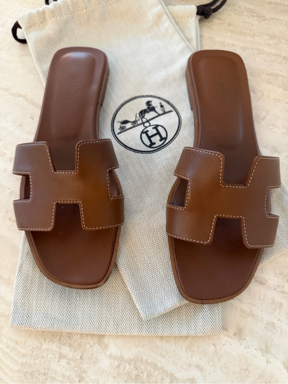 Hermès Oran Brown Leather Slide Sandals | Size 38  Great condition